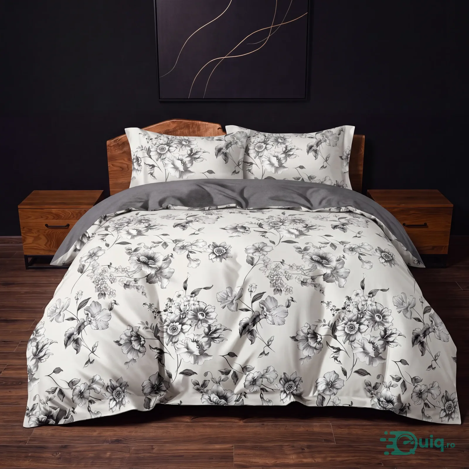 Lenjerie bumbac satinat Alb cu Floral Negru, 4 piese Oeko-Tex — fotografia 1