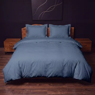 Lenjerie pat 2 persoane Albastru Denim, bumbac Oeko-Tex 4 piese