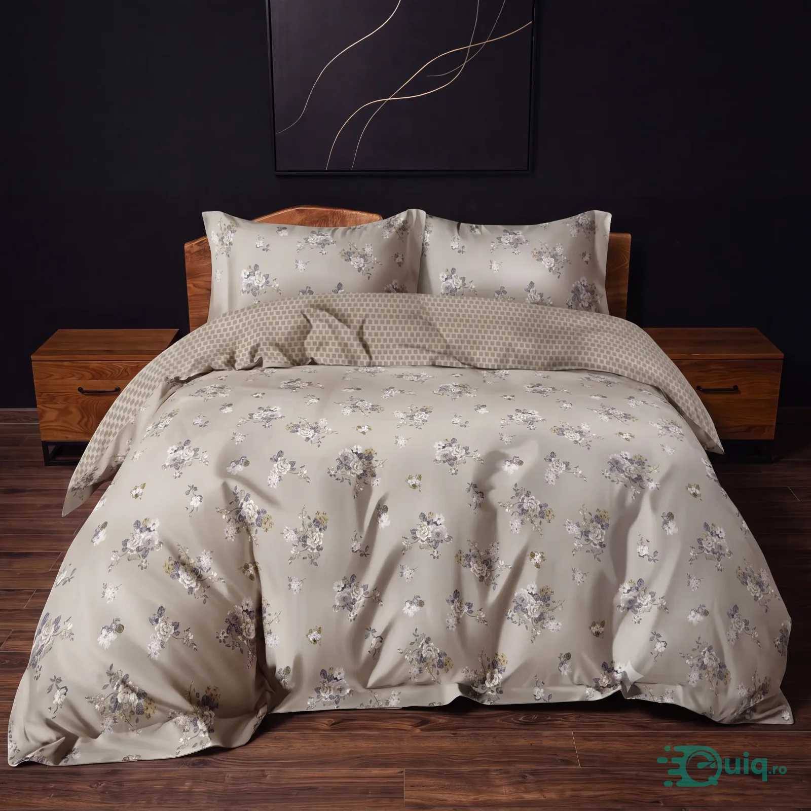Lenjerie bumbac satinat Bej Floral, 4 piese Oeko-Tex — fotografia 1