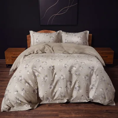 Lenjerie bumbac satinat Bej Floral, 4 piese Oeko-Tex
