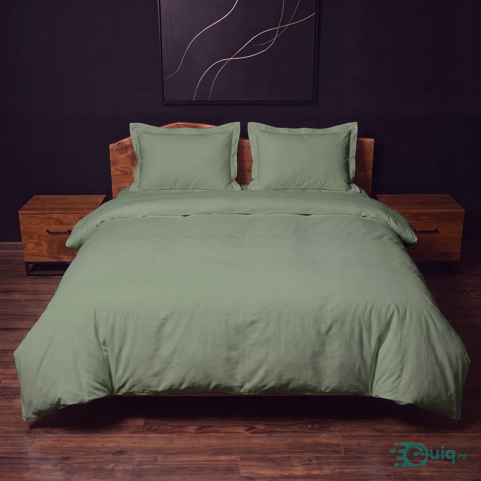 Lenjerie pat 2 persoane Verde Olive, bumbac Oeko-Tex 4 piese — fotografia 1