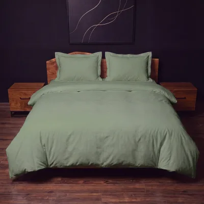 Lenjerie pat 2 persoane Verde Olive, bumbac Oeko-Tex 4 piese